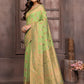 Janasya Green Cotton Linen Ethnic Print Kanjivaram Saree | Swadesiicart