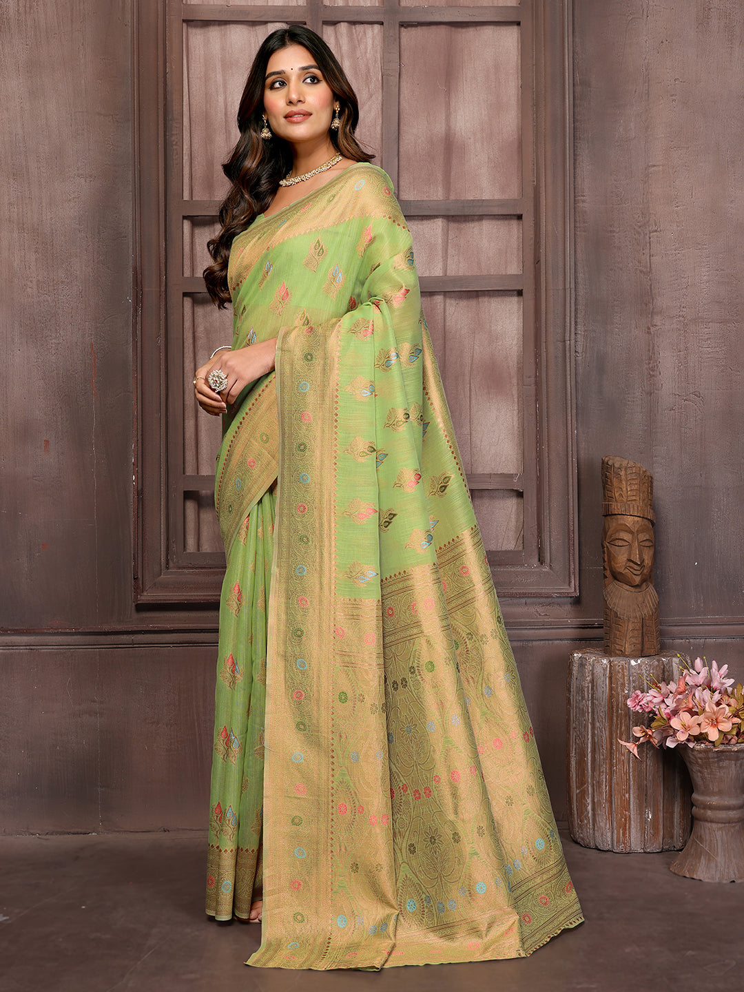 Janasya Green Cotton Linen Ethnic Print Kanjivaram Saree | Swadesiicart