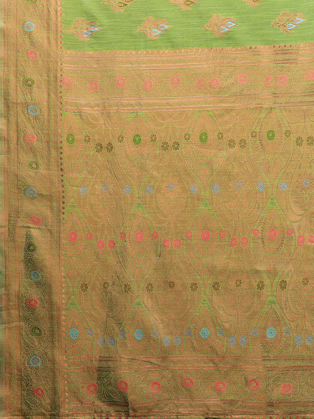 Janasya Green Cotton Linen Ethnic Print Kanjivaram Saree | Swadesiicart