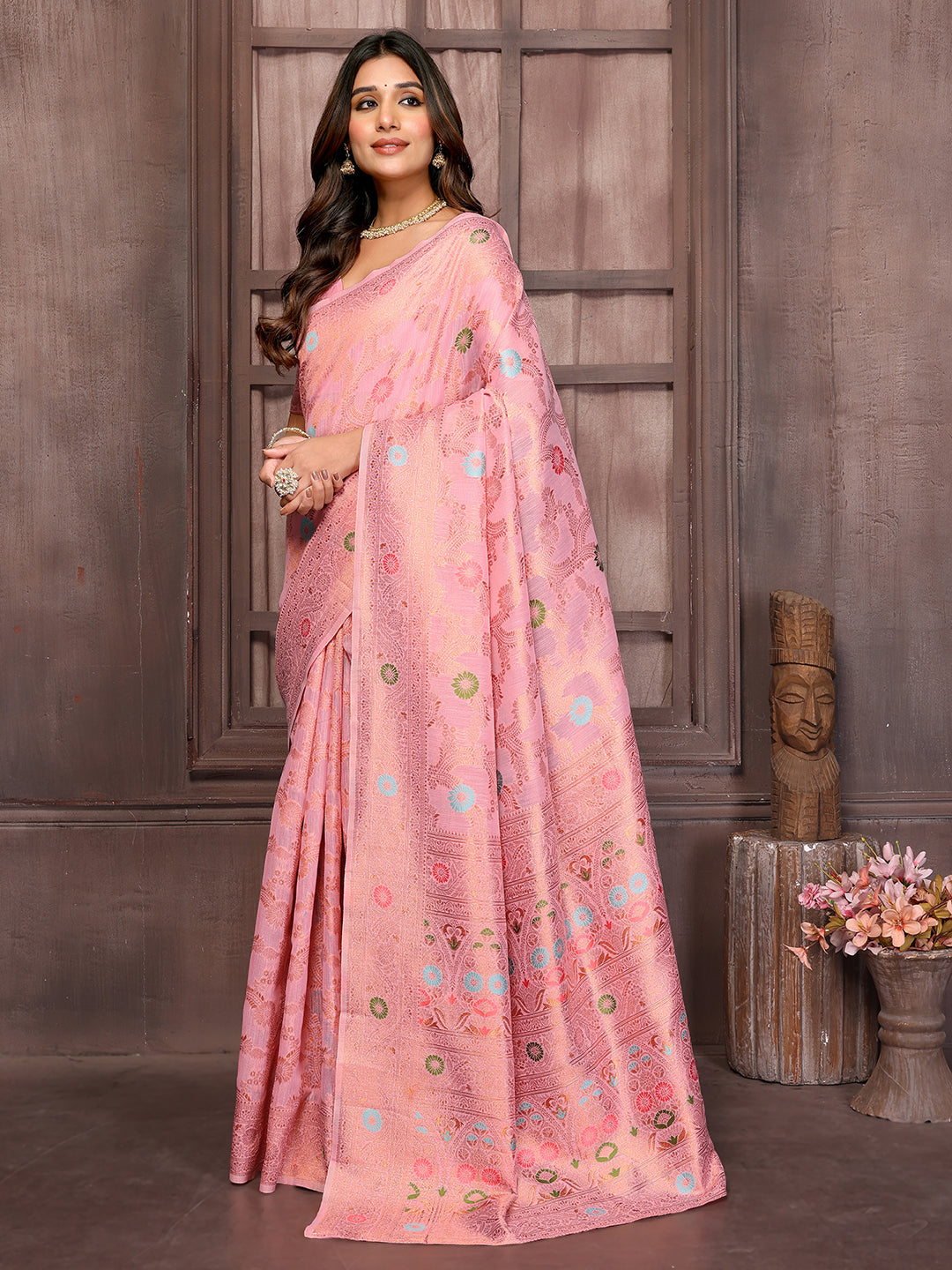 Janasya Pink Cotton Linen Floral Woven Saree | Swadesiicart