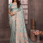 Janasya Light Blue Cotton Linen Floral Woven Saree | Swadesiicart