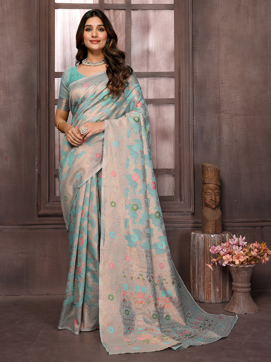 Janasya Light Blue Cotton Linen Floral Woven Saree | Swadesiicart