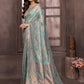 Janasya Light Blue Cotton Linen Floral Woven Saree | Swadesiicart