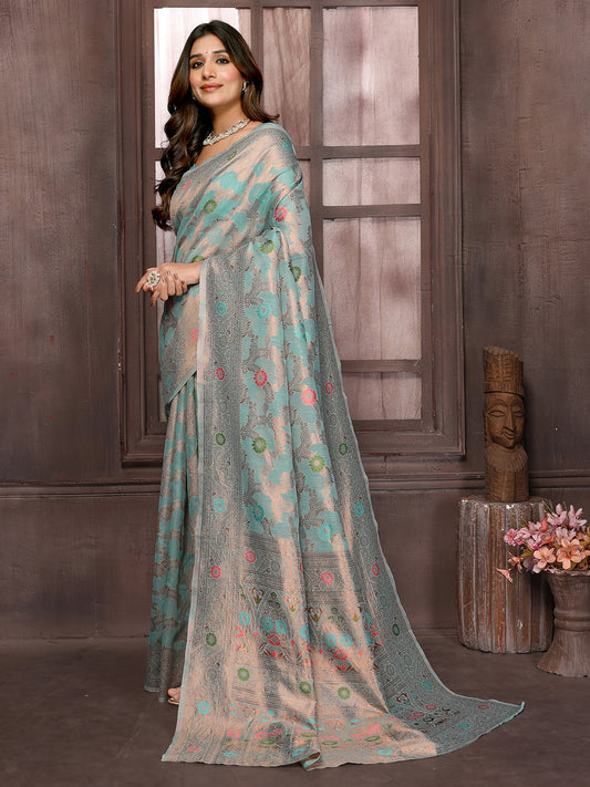 Janasya Light Blue Cotton Linen Floral Woven Saree | Swadesiicart