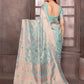 Janasya Light Blue Cotton Linen Floral Woven Saree | Swadesiicart