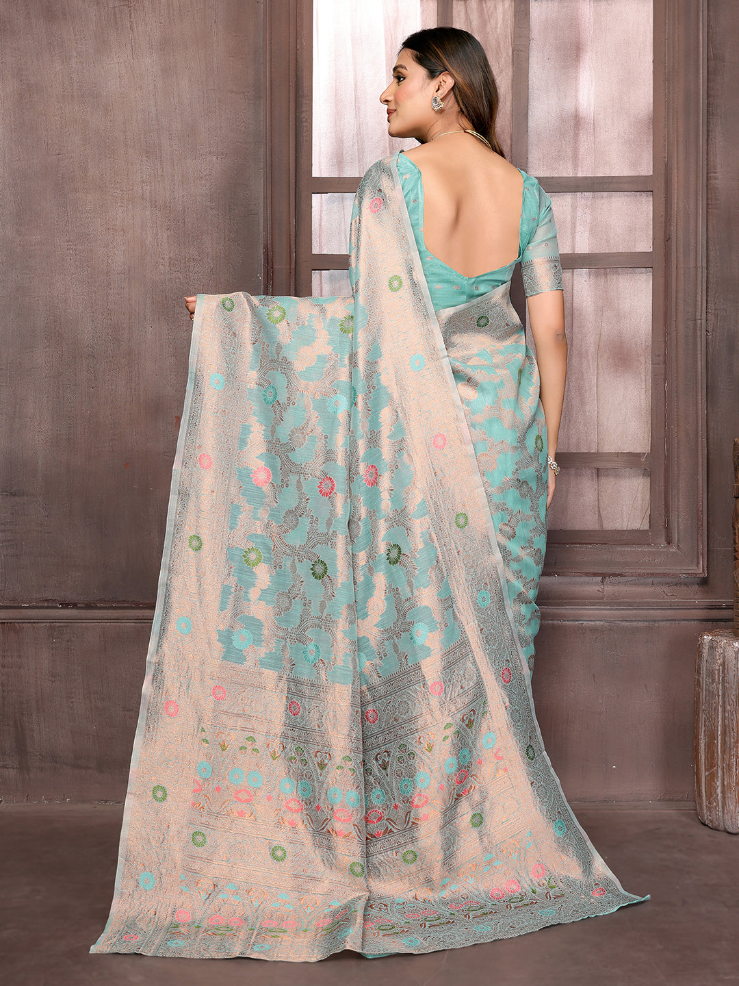 Janasya Light Blue Cotton Linen Floral Woven Saree | Swadesiicart