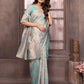 Janasya Light Blue Cotton Linen Floral Woven Saree | Swadesiicart