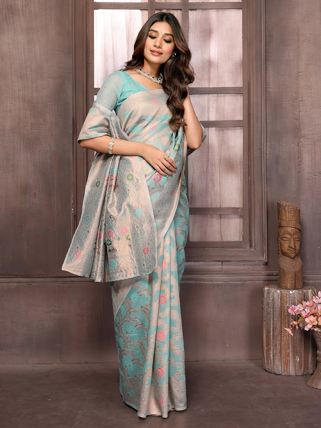 Janasya Light Blue Cotton Linen Floral Woven Saree | Swadesiicart