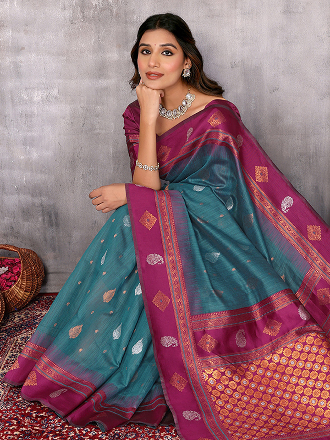 Janasya Teal Blue Cotton Linen Paisley Woven Saree | Swadesiicart