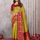 Janasya Mehndi Green Cotton Linen Ethnic Motifs Kanjivaram Saree | Swadesiicart