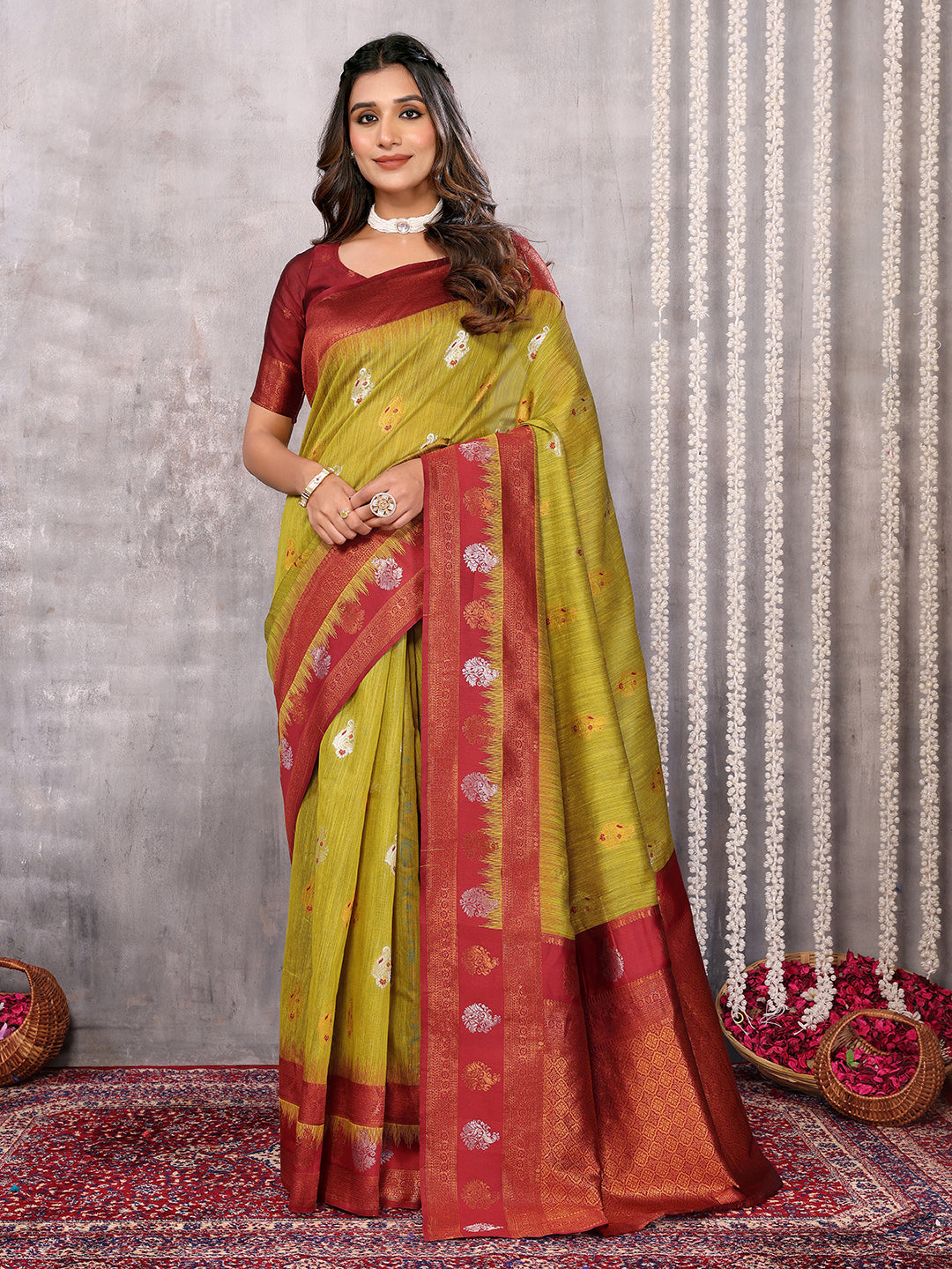 Janasya Mehndi Green Cotton Linen Ethnic Motifs Kanjivaram Saree | Swadesiicart