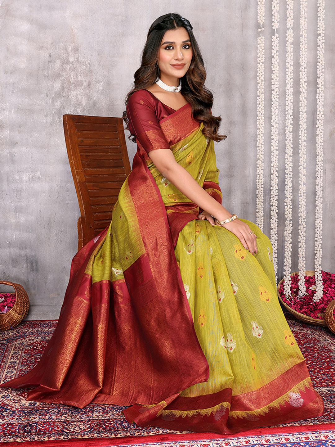 Janasya Mehndi Green Cotton Linen Ethnic Motifs Kanjivaram Saree | Swadesiicart