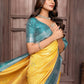Janasya Yellow Silk Blend Checked Jacquard Border Saree | Swadesiicart