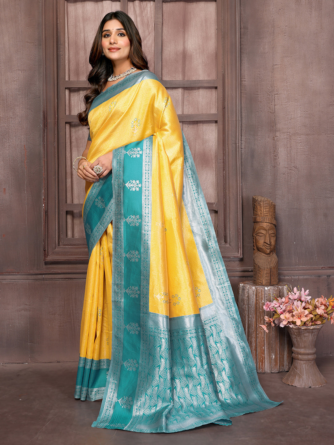 Janasya Yellow Silk Blend Checked Jacquard Border Saree | Swadesiicart