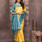 Janasya Yellow Silk Blend Checked Jacquard Border Saree | Swadesiicart