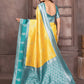 Janasya Yellow Silk Blend Checked Jacquard Border Saree | Swadesiicart