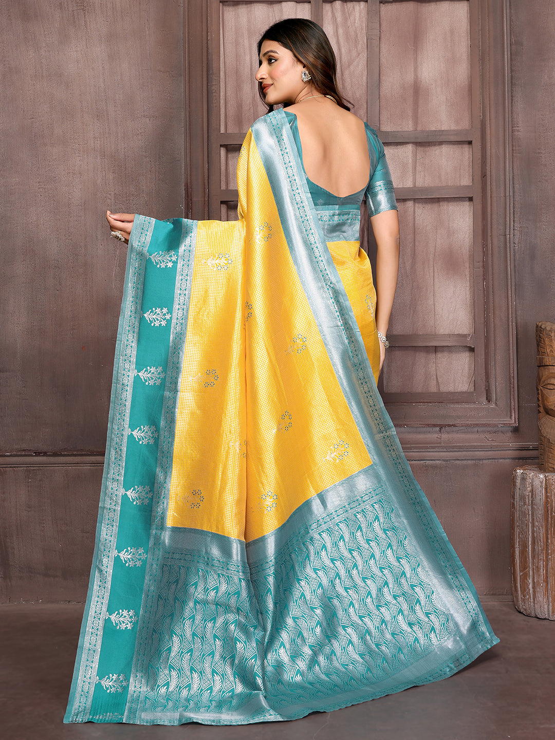 Janasya Yellow Silk Blend Checked Jacquard Border Saree | Swadesiicart