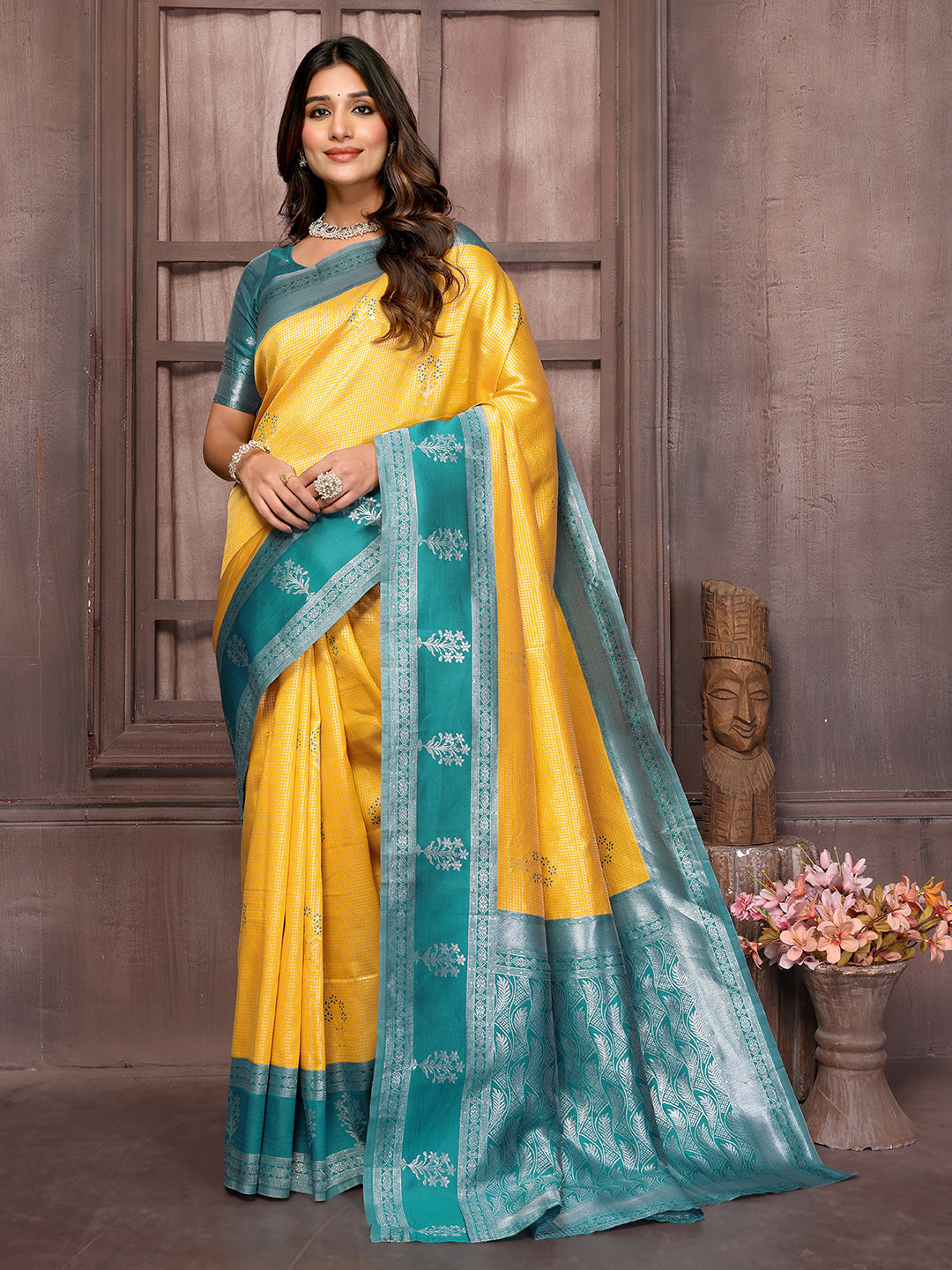 Janasya Yellow Silk Blend Checked Jacquard Border Saree | Swadesiicart