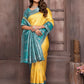 Janasya Yellow Silk Blend Checked Jacquard Border Saree | Swadesiicart