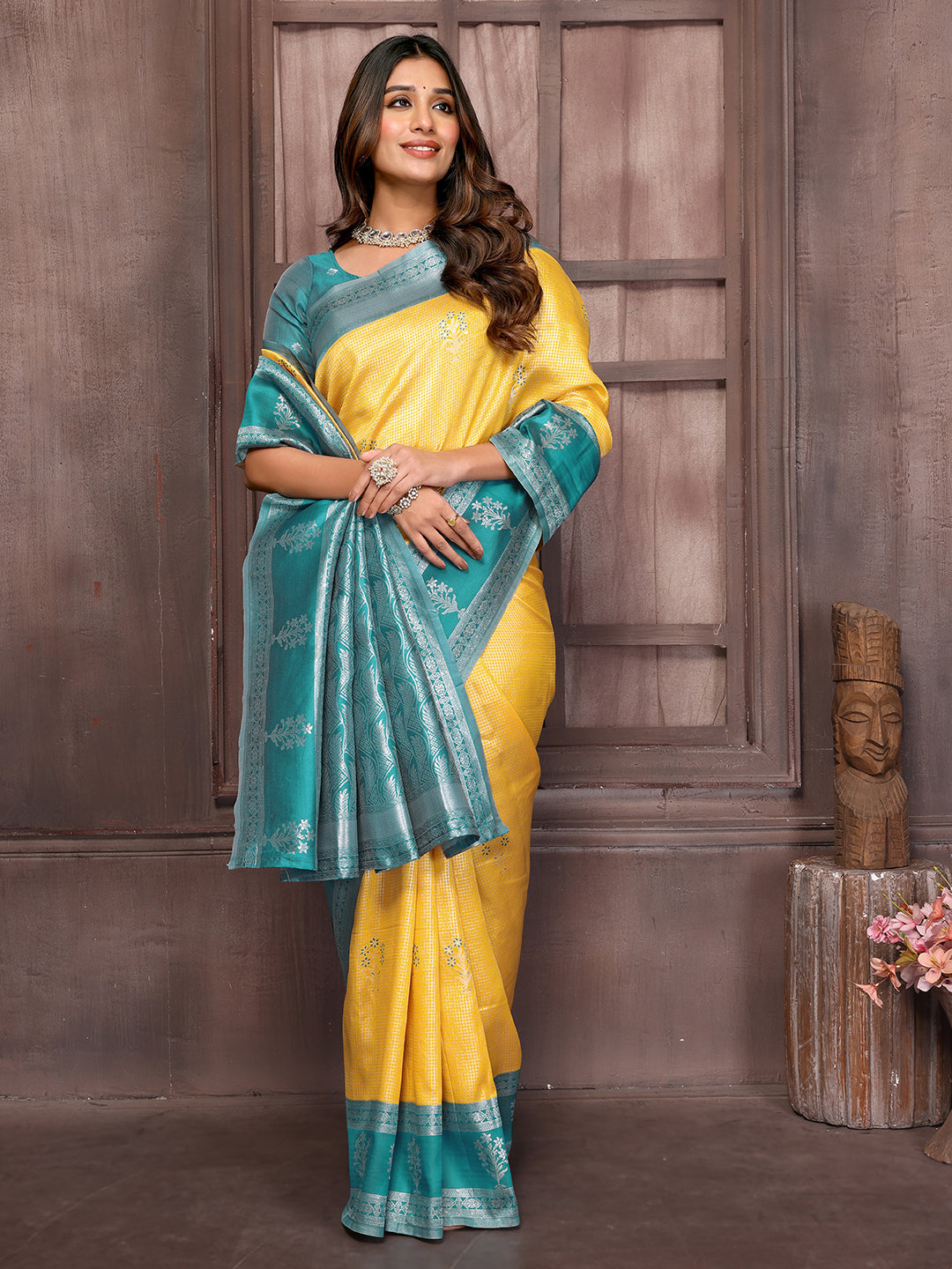 Janasya Yellow Silk Blend Checked Jacquard Border Saree | Swadesiicart