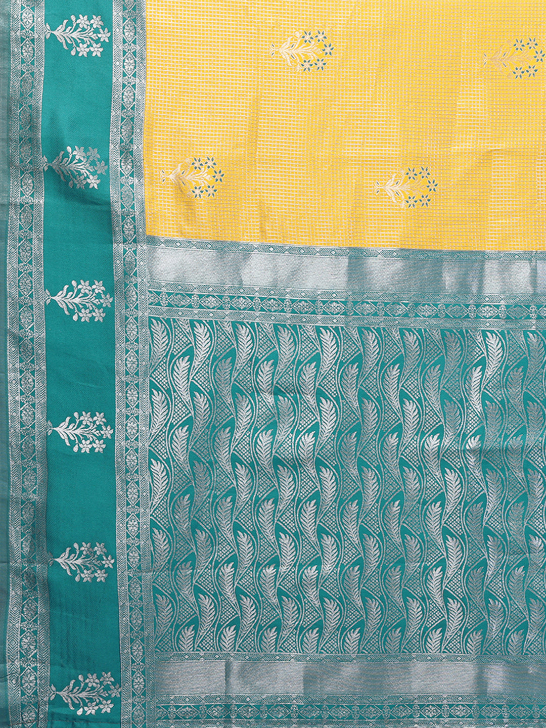 Janasya Yellow Silk Blend Checked Jacquard Border Saree | Swadesiicart