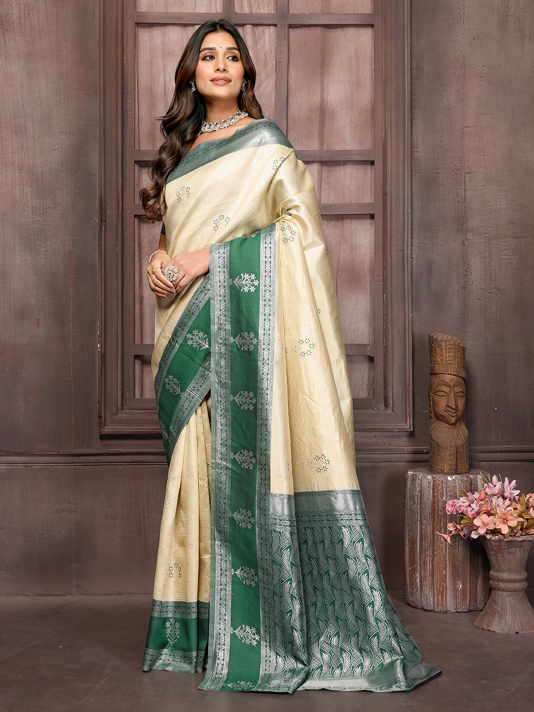 Janasya Beige Silk Blend Checked Jacquard Border Saree | Swadesiicart