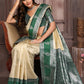 Janasya Beige Silk Blend Checked Jacquard Border Saree | Swadesiicart