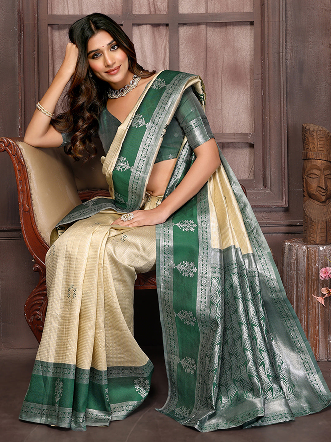 Janasya Beige Silk Blend Checked Jacquard Border Saree | Swadesiicart