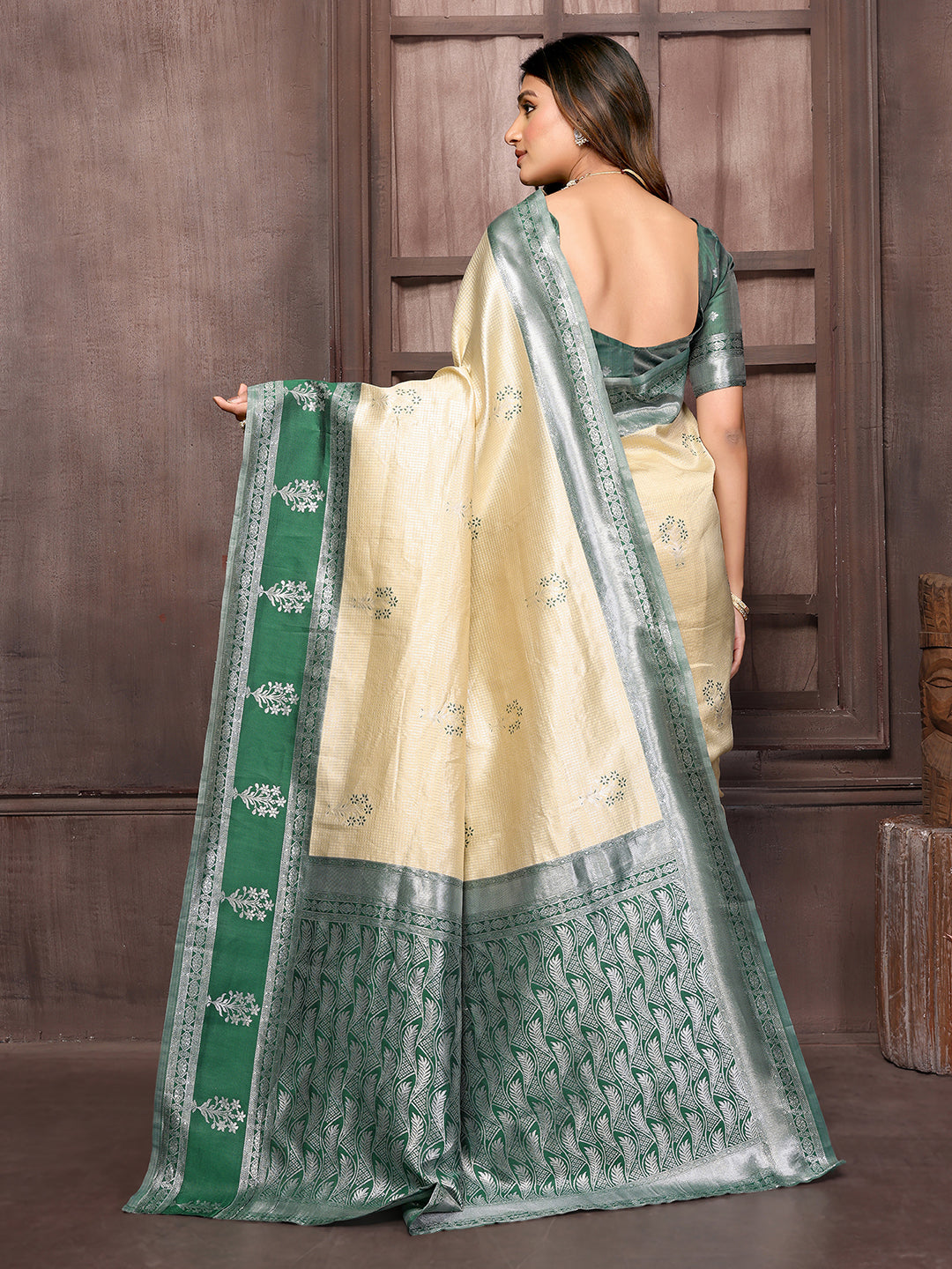 Janasya Beige Silk Blend Checked Jacquard Border Saree | Swadesiicart