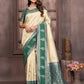 Janasya Beige Silk Blend Checked Jacquard Border Saree | Swadesiicart