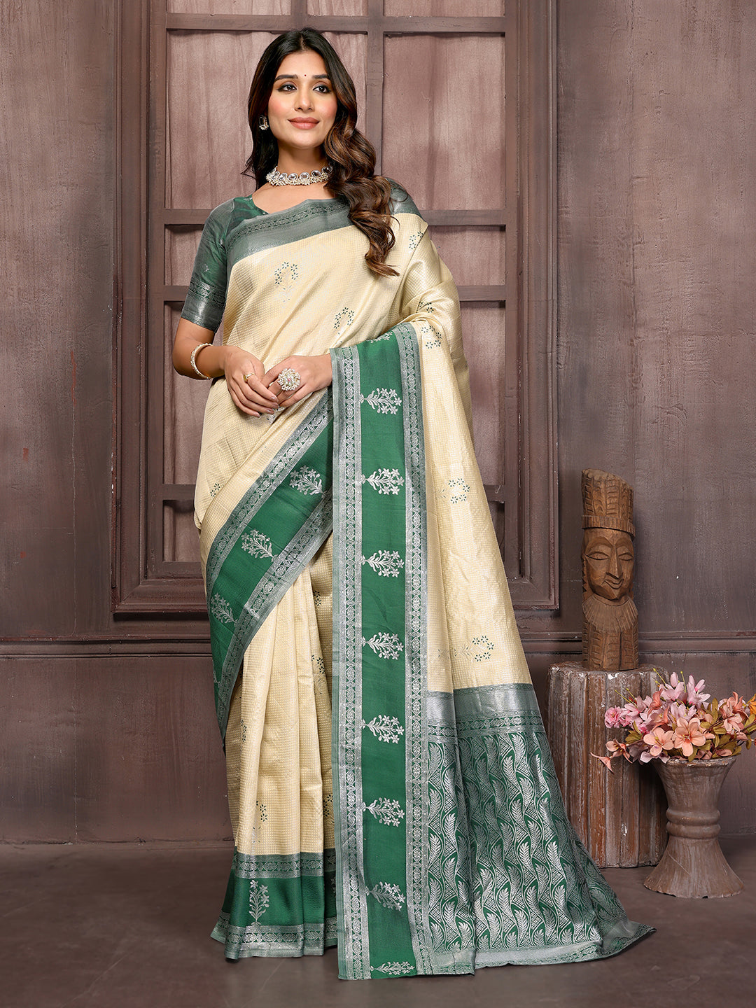 Janasya Beige Silk Blend Checked Jacquard Border Saree | Swadesiicart