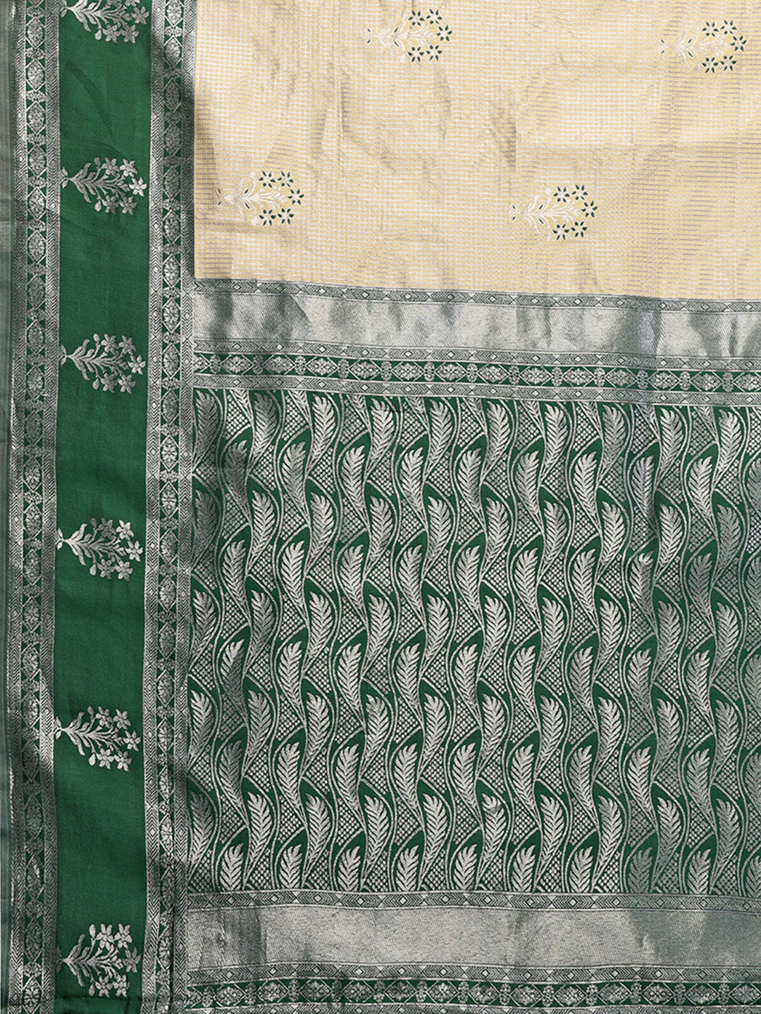 Janasya Beige Silk Blend Checked Jacquard Border Saree | Swadesiicart