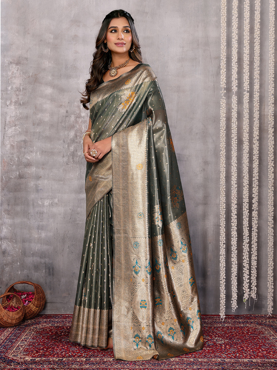 Janasya Olive Silk Blend Ethnic Motifs Banarasi Saree | Swadesiicart