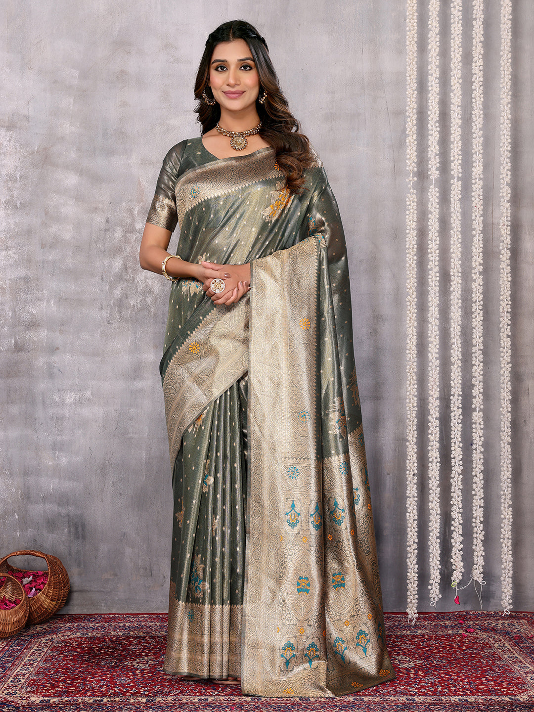 Janasya Olive Silk Blend Ethnic Motifs Banarasi Saree | Swadesiicart