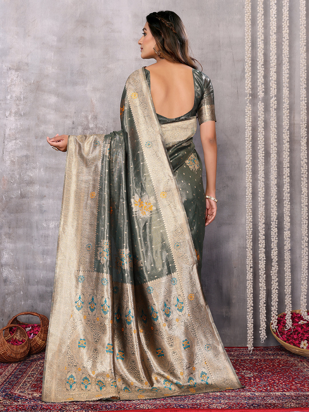 Janasya Olive Silk Blend Ethnic Motifs Banarasi Saree | Swadesiicart