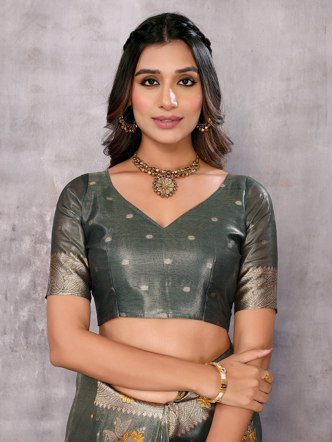 Janasya Olive Silk Blend Ethnic Motifs Banarasi Saree | Swadesiicart