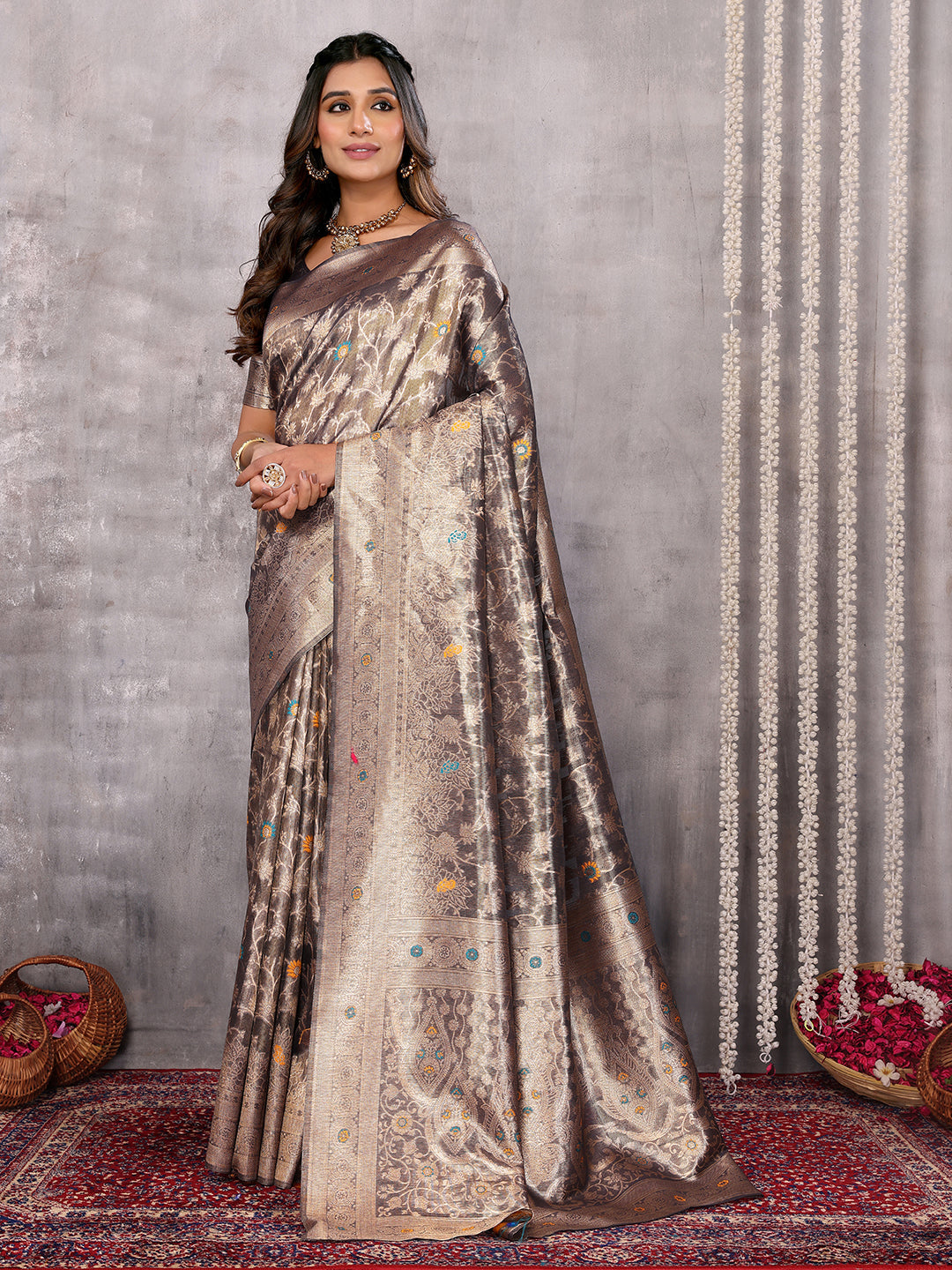 Janasya Blue & Gold Silk Blend Floral Banarasi Saree | Swadesiicart