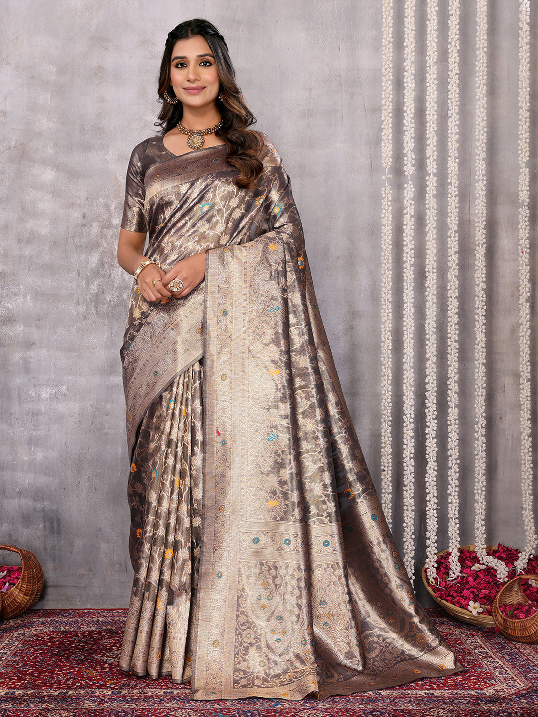 Janasya Blue & Gold Silk Blend Floral Banarasi Saree | Swadesiicart