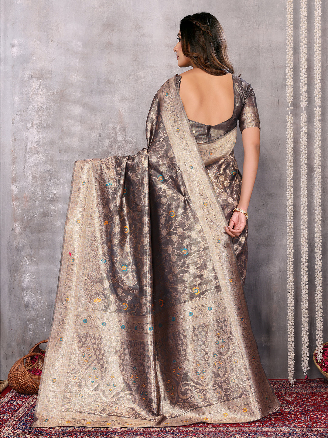 Janasya Blue & Gold Silk Blend Floral Banarasi Saree | Swadesiicart