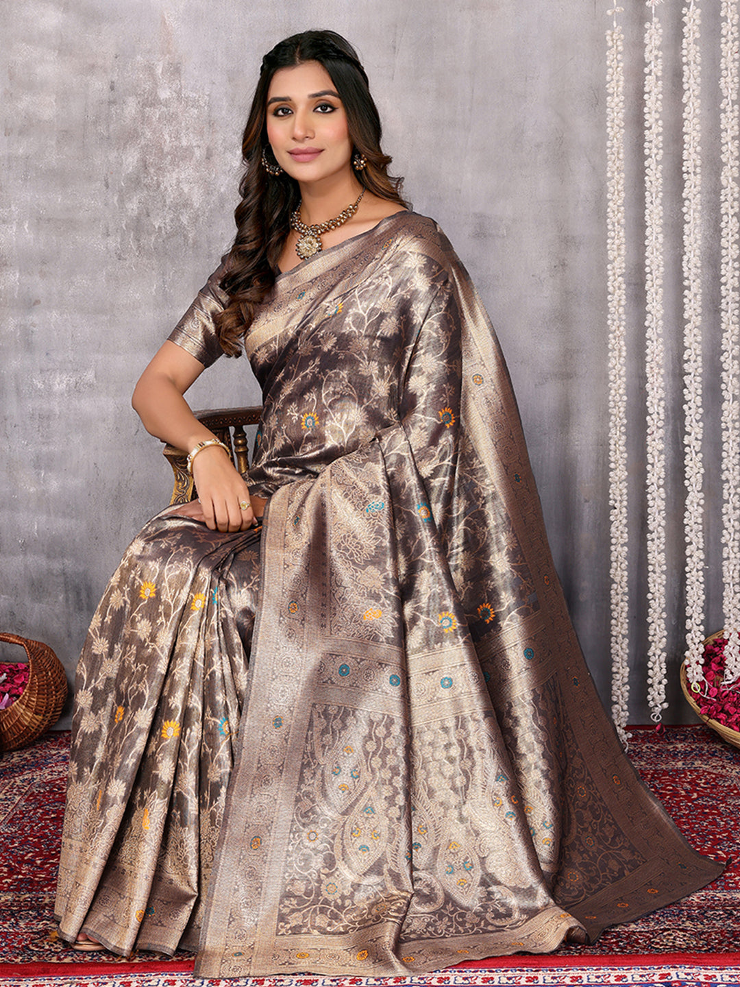 Janasya Blue & Gold Silk Blend Floral Banarasi Saree | Swadesiicart