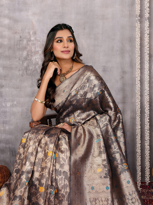 Janasya Blue & Gold Silk Blend Floral Banarasi Saree | Swadesiicart