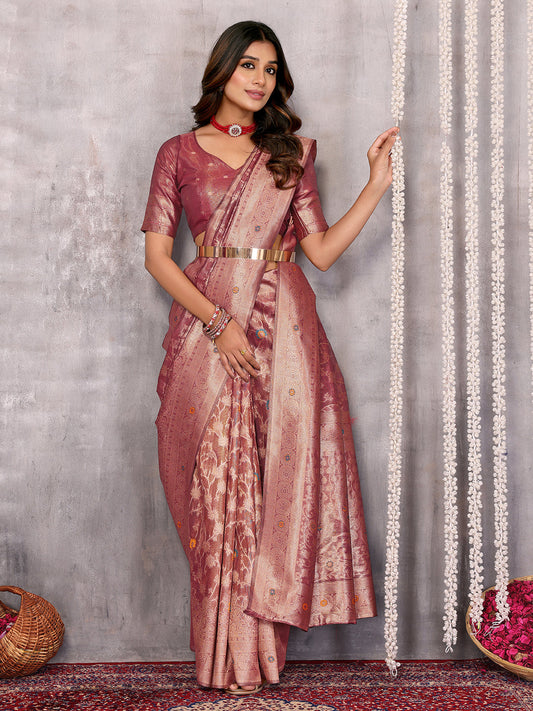 Janasya Mauve Silk Blend Floral Banarasi Saree | Swadesiicart