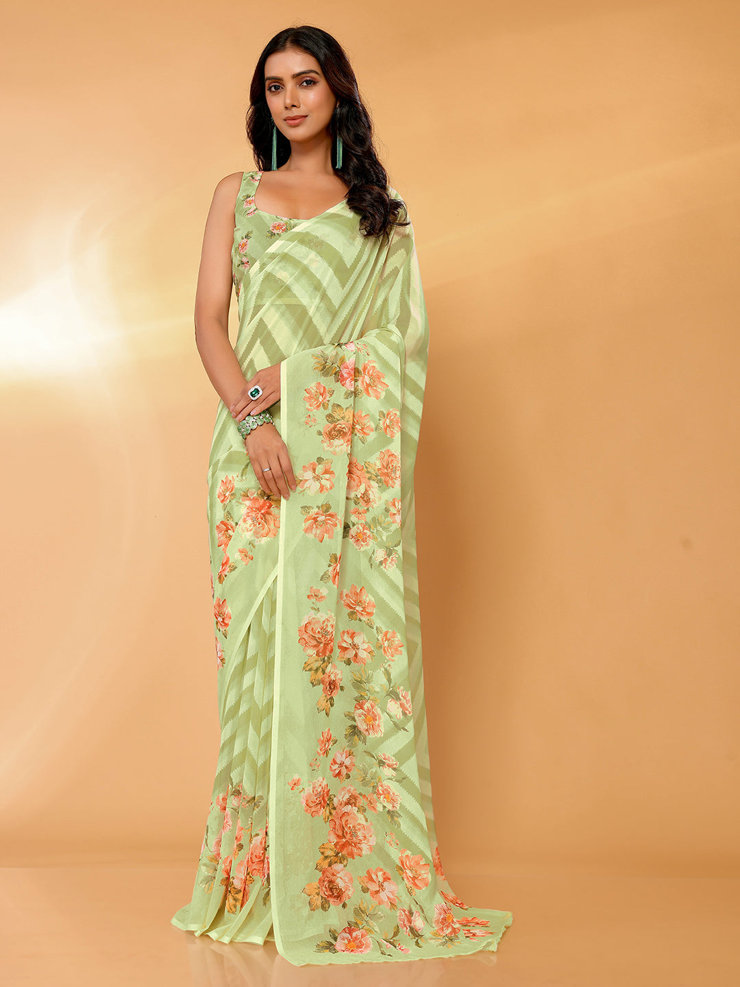 Janasya Light Green Georgette Floral Printed Saree | Swadesiicart