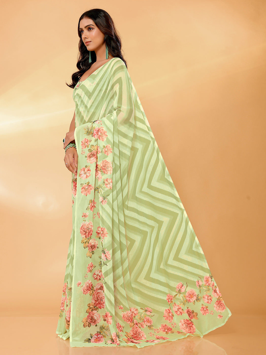 Janasya Light Green Georgette Floral Printed Saree | Swadesiicart