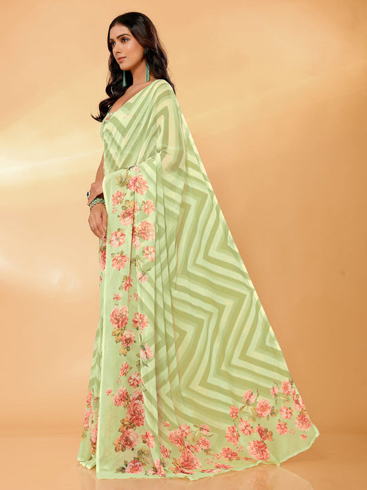 Janasya Light Green Georgette Floral Printed Saree | Swadesiicart