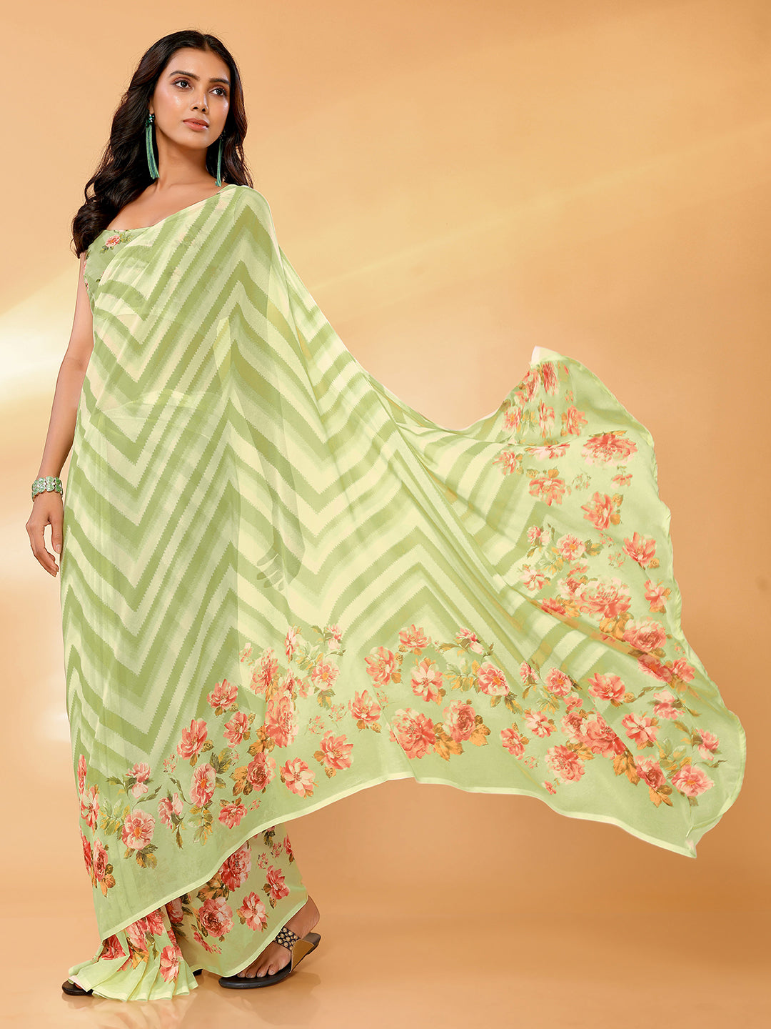 Janasya Light Green Georgette Floral Printed Saree | Swadesiicart