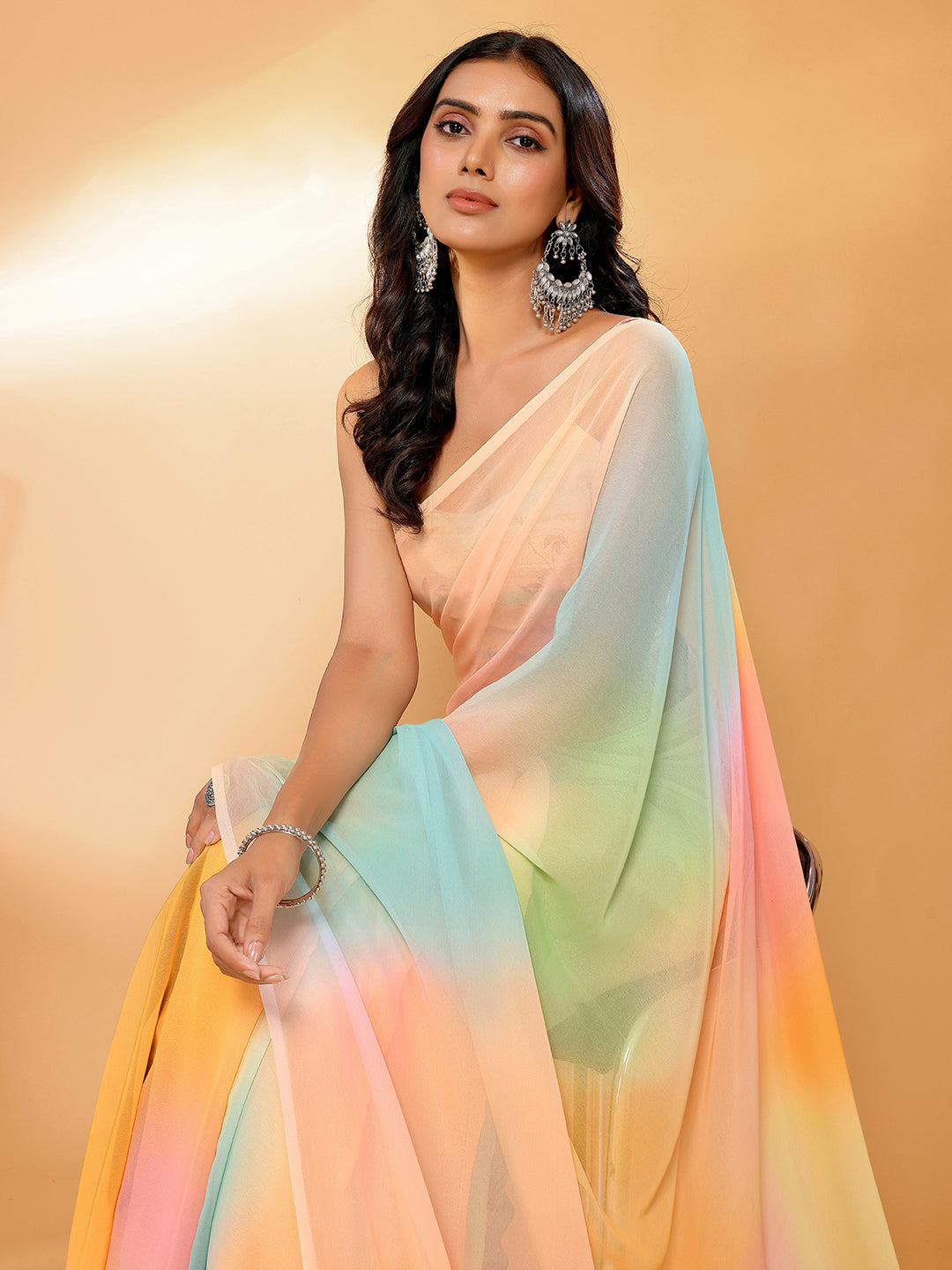 Janasya Multicolor Georgette Ombre Printed Saree | Swadesiicart