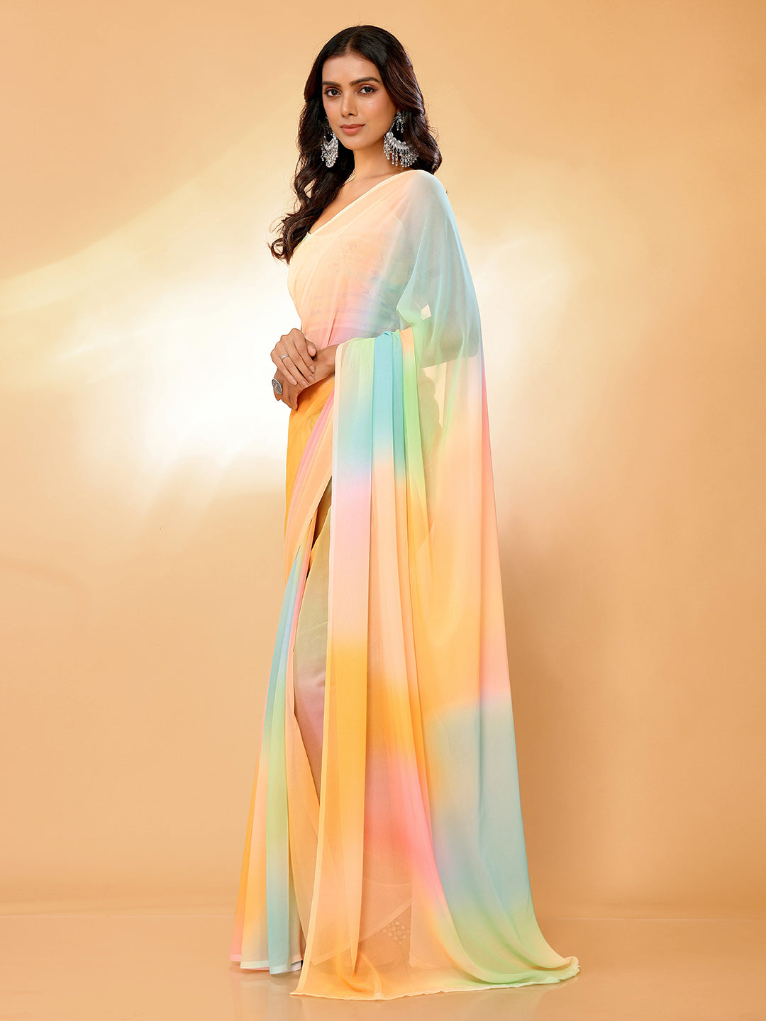 Janasya Multicolor Georgette Ombre Printed Saree | Swadesiicart