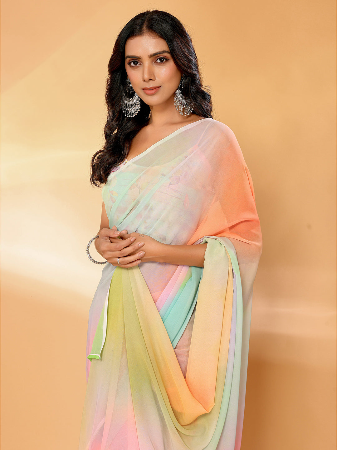 Janasya Multicolor Georgette Ombre Printed Saree | Swadesiicart