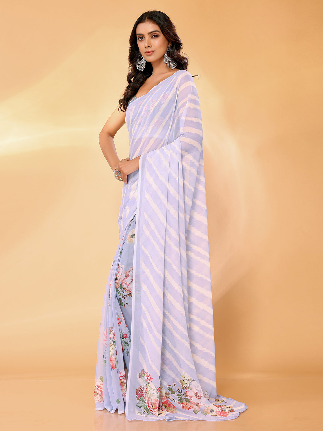 Janasya Lavender Georgette Floral Printed Saree | Swadesiicart